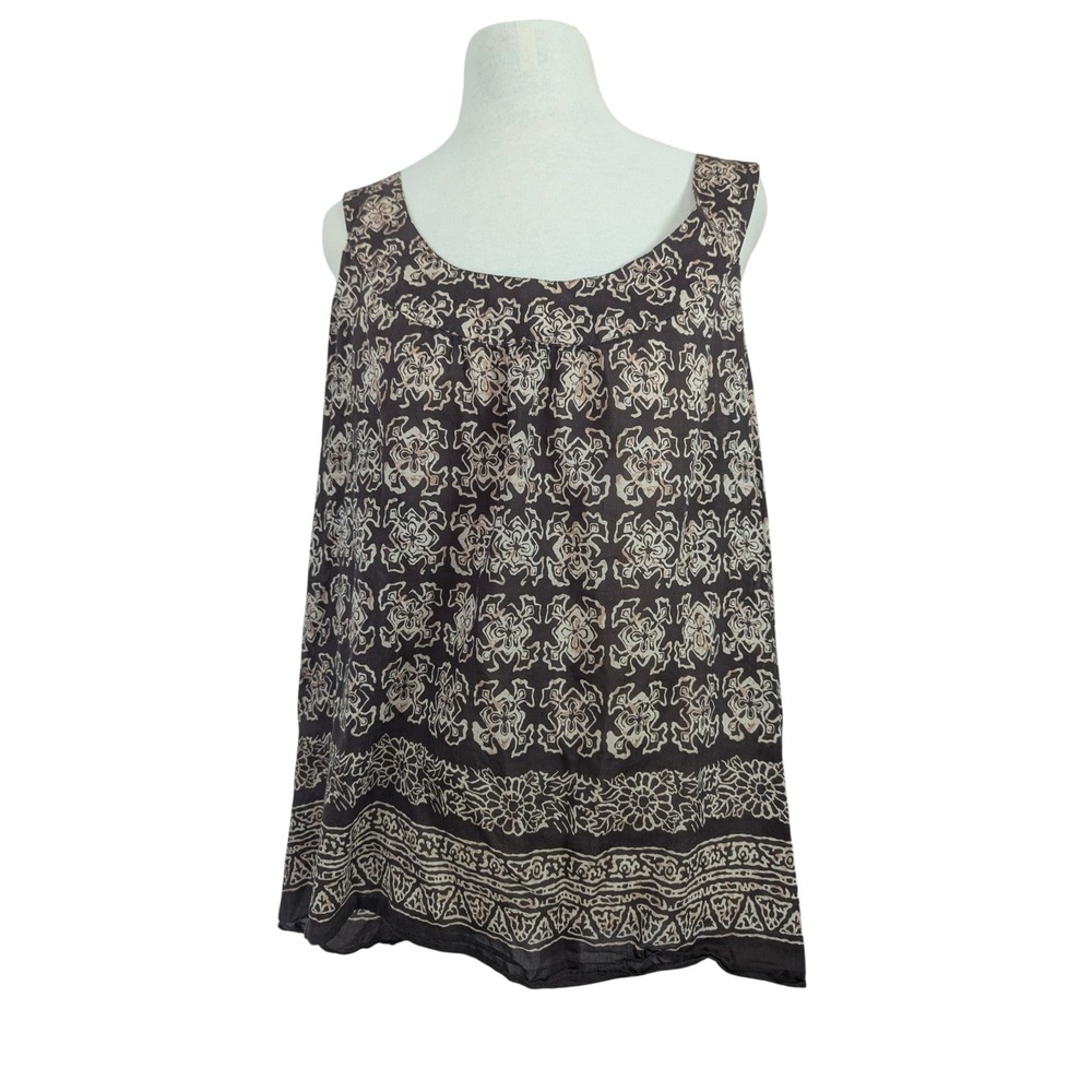 Coldwater Creek Womens XL Brown Cream Batik Floral Sleeveless Cotton Tank Top